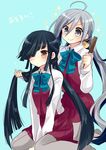  &gt;:) :/ ahoge alternate_hairstyle black_hair blue_background blue_bow blue_neckwear blush bow bowtie comb dress_shirt full_body grey_eyes grey_hair grey_legwear hair_over_one_eye hands_together hayashimo_(kantai_collection) holding kantai_collection kiyoshimo_(kantai_collection) long_hair long_sleeves looking_at_another multiple_girls nagasioo pleated_skirt shirt sidelocks simple_background sitting skirt smile sparkle twintails v-shaped_eyebrows v_arms very_long_hair vest wariza white_shirt yellow_eyes 