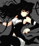  ayamisiro bangs bare_shoulders black_hair black_legwear blake_belladonna bow curly_hair grey_background hair_bow legwear_under_shorts long_hair midriff pantyhose ribbon rwby sad scarf shirt shorts sleeveless sleeveless_shirt solo vest wavy_hair yellow_eyes 