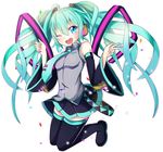  aqua_eyes aqua_hair boots detached_sleeves full_body hatsune_miku headphones long_hair necktie one_eye_closed open_mouth skirt solo sylphine thigh_boots thighhighs twintails v very_long_hair vocaloid white_background 