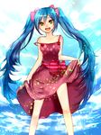  :d blue_hair dress hatsune_miku long_hair open_mouth skirt_hold smile solo strap_slip twintails very_long_hair vocaloid zuihana_sumio 