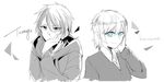  aki_(neyuki41028) blue_eyes greyscale isaki_kaname kihara_tsumugu male_focus monochrome multiple_boys nagi_no_asukara spot_color sweater 