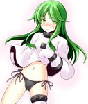  black_panties cameltoe commentary cosplay crescent crescent_hair_ornament green_eyes green_hair hair_ornament ichimi kantai_collection long_hair nagatsuki_(kantai_collection) northern_ocean_hime northern_ocean_hime_(cosplay) panties side-tie_panties solo sweatdrop underwear white_background 