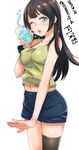  agano_(kantai_collection) alternate_costume aqua_eyes asymmetrical_legwear bad_id bad_pixiv_id black_hair camisole casual contemporary cowboy_shot drink drinking_straw highres ice ice_cube kantai_collection kyuuso_inukami looking_at_viewer midriff navel one_eye_closed open_mouth shorts single_thighhigh solo thighhighs 