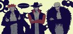  3boys black_hair blonde_hair crossed_arms donquixote_doflamingo dracule_mihawk eustass_captain_kid feather feathers fur_coat goggles hat hat_feather jewelry male male_focus multiple_boys necklace one_piece open_clothes open_shirt red_hair sasanoha112233 shirt sunglasses 