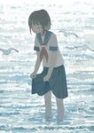  bird black_hair closed_eyes highres md5_mismatch original pleated_skirt ponytail school_uniform seagull serafuku skirt skirt_lift smile solo wading yamauchi_(musuka) 