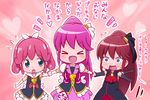 &gt;_&lt; :d aino_megumi bad_id bad_pixiv_id black_gloves blue_eyes blush bow chibi closed_eyes cure_lovely cure_mirage elbow_gloves genderswap genderswap_(mtf) gloves hair_ornament happinesscharge_precure! heart heart_hair_ornament holding_hands long_hair magical_girl mika-shi multiple_girls open_mouth phantom_(happinesscharge_precure!) pink_bow pink_hair ponytail precure puffy_short_sleeves puffy_sleeves queen_mirage red_hair red_skirt ribbon short_hair short_sleeves skirt smile spoilers translated unlovely_(happinesscharge_precure!) very_long_hair wide_ponytail xd 