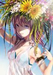  armpits berries bra breasts choker cleavage collarbone dress flower head_wreath highres iria_(yumeirokingyo) lens_flare lily_(flower) medium_breasts original purple_eyes purple_hair see-through sleeveless solo sundress sunflower sunlight underwear 