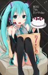  aqua_eyes aqua_hair bad_id bad_pixiv_id blush cake character_name detached_sleeves food food_on_face fork happy_birthday hatsune_miku highres long_hair necktie open_mouth sasahara_wakaba sitting skirt solo thighhighs twintails very_long_hair vocaloid 