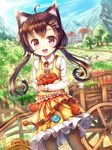  absurdres ahoge animal_ears apple basket black_legwear blush brown_hair cart cat_ears cat_tail day food fruit hair_ornament hairclip highres long_hair looking_at_viewer low_twintails mountain open_mouth original outdoors pantyhose pullcart red_eyes sakura_ani smile tail tree twintails village 