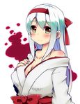  blush breasts cleavage green_eyes hairband japanese_clothes kantai_collection kona_sleipnir large_breasts long_hair looking_at_viewer off_shoulder shoukaku_(kantai_collection) solo white_hair 