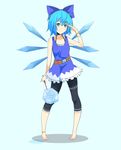  barefoot belt blue_dress blue_eyes blue_hair bow cirno dress full_body hair_bow haseneko ice ice_wings leggings looking_at_viewer salute short_hair simple_background smile solo standing touhou wings 