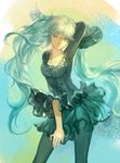  afra aqua_hair arm_up dress hatsune_miku long_hair one_eye_closed pantyhose solo twintails very_long_hair vocaloid 