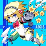  aegis_(persona) android arm_cannon blonde_hair blue_eyes blush bow character_name chibi finger_cannon finger_gun firing headphones open_mouth persona persona_3 shell_casing short_hair solo weapon yuuno 