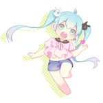  :d ahoge bad_id bad_pixiv_id blue_eyes blue_hair bunny_hair_ornament casual chibi hair_ornament hatsune_miku long_hair looking_at_viewer mame_(yangqi787) navel open_mouth smile solo twintails vocaloid 
