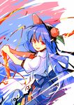  blue_hair food fruit hat hinanawi_tenshi long_hair looking_back peach red_eyes sketch solo sword_of_hisou touhou yetworldview_kaze 