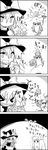  &gt;_&lt; 1girl 4koma :/ :x ? bow braid clenched_teeth closed_eyes comic commentary gameplay_mechanics greyscale hair_bow hair_ribbon hat highres holding jumping kirisame_marisa long_hair mario_(series) monochrome open_mouth parody patchouli_knowledge ribbon shiny single_braid smile sparkle star super_mario_bros. sweat tani_takeshi teeth touhou translated v-shaped_eyebrows wand witch_hat yukkuri_shiteitte_ne 