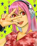  bad_id bad_pixiv_id breasts cleavage green_background hayatowanco headgear headphones long_hair looking_at_viewer medium_breasts nail_polish nitroplus open_mouth pink_hair red_eyes round_teeth simple_background smile solo star super_sonico teeth upper_body v 
