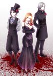 2boys achikoako black_hair black_sclera blood boots breasts coat double-breasted dress elbow_gloves flower formal gloves hands_in_pockets hat itori_(tokyo_ghoul) jewelry large_breasts looking_at_viewer multiple_boys necklace orange_hair red_eyes rose silver_hair standing tokyo_ghoul top_hat uta_(tokyo_ghoul) waistcoat yomo_renji 