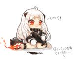  ahoge aircraft airplane anklet bad_id bad_pixiv_id black_panties blush dress error holding horns jewelry kantai_collection long_hair mame_(yangqi787) mittens northern_ocean_hime orange_eyes panties pout shinkaisei-kan side-tie_panties sitting solo translated typo underwear white_hair 