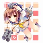  bangs binoculars brown_eyes brown_hair dress hair_ornament kantai_collection long_sleeves looking_at_viewer neckerchief panties sailor_dress see-through short_hair smile solo umeko_machi underwear white_panties yellow_neckwear yukikaze_(kantai_collection) 