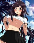  black_hair black_skirt blush breasts brown_eyes danganronpa dosugon large_breasts long_hair mole mole_under_eye navel no_bra open_clothes open_mouth open_skirt panties pleated_skirt school_uniform serafuku shirt_lift skirt smile solo super_danganronpa_2 sweat tsumiki_mikan underboob underwear white_panties wide_hips 