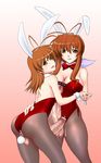  2girls age_difference anal anal_insertion anal_object_insertion animal_ears antenna_hair ass back bare_shoulders blush bow bowtie breasts brown_eyes brown_hair bunny_ears bunny_girl bunny_tail bunnysuit cameltoe canadazin censored clannad furukawa_nagisa furukawa_sanae futanari hand_holding hand_on_hip happy highres hips large_breasts leotard long_hair looking_back milf mother_and_daughter multiple_girls object_insertion pantyhose pose posing precum short_hair smile tail testicles thick_thighs thighs wrist_cuffs 