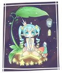  absurdres bad_id bad_pixiv_id blue_eyes blue_hair c: chibi drill_hair hair_ornament hatsune_miku highres leaf long_hair looking_at_viewer mame_(yangqi787) pointy_ears sitting smile solo star star_hair_ornament twin_drills twintails vocaloid 
