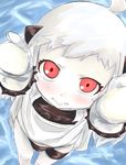  1girl :> absurdres abyssal_ship ahoge black_panties blush colored_skin commentary_request feet_out_of_frame from_above highres horns kantai_collection long_hair looking_at_viewer mashitono_desu mittens northern_ocean_princess pale_skin panties reaching reaching_towards_viewer red_eyes short_eyebrows solo underwear white_hair white_mittens white_skin 