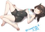  :o armpits bad_id bad_pixiv_id bare_shoulders barefoot bodysuit brown_eyes brown_hair covered_navel flat_chest food food_on_body hand_on_thigh headgear kantai_collection kyuuso_inukami looking_at_viewer lying melting no_pants on_back open_mouth popsicle short_hair signature solo taihou_(kantai_collection) 