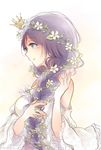  braid crown dress flower green_eyes hair_over_shoulder hair_vines hana_(hanashima) head_wreath highres long_hair love_live! love_live!_school_idol_project plant purple_hair smile solo toujou_nozomi vines white_dress 