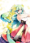  bare_shoulders breasts cavalier_of_the_abyss cleavage flower green_hair hair_flower hair_ornament juder large_breasts long_hair red_eyes solo yuan_(cavalier_of_the_abyss) 