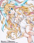  antlers blonde_hair blue_eyes breasts cleavage copyright_name detached_sleeves headgear long_hair looking_at_viewer medium_breasts parune_chigetsu puzzle_&amp;_dragons sakuya_(p&amp;d) smile solo tail traditional_media 
