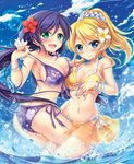  ayase_eli bikini blonde_hair blue_eyes blush breasts cleavage cloud day floral_print flower green_eyes hair_flower hair_ornament large_breasts leg_between_thighs long_hair love_live! love_live!_school_idol_project multiple_girls nail_polish navel ocean outdoors ponytail print_bikini purple_bikini purple_hair sky smile splashing swimsuit toujou_nozomi water yellow_bikini yuriko 