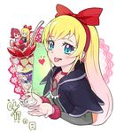  :p aida_mana black_jacket blonde_hair blue_eyes blush cupping_hands dated dokidoki!_precure dress eyelashes food fruit hair_ornament hair_ribbon ice_cream jacket long_hair moudoku_(decopon3rd) precure red_ribbon regina_(dokidoki!_precure) ribbon solo strawberry tongue tongue_out translated 