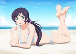  :3 ass barefoot bikini breasts cap_(dkdm-d) cleavage feet frilled_bikini frills green_eyes large_breasts long_hair love_live! love_live!_school_idol_project lying on_stomach purple_hair solo swimsuit toujou_nozomi twintails 