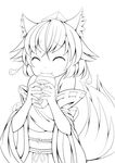  :3 animal_ears bad_id bad_pixiv_id bare_shoulders closed_eyes detached_sleeves eating food greyscale happy hat highres inubashiri_momiji kourindou_tengu_costume lineart monochrome oimo_(imoyoukan) pom_pom_(clothes) potato short_hair simple_background solo sweet_potato tail tokin_hat touhou white_background wolf_ears wolf_tail 