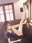  bare_legs blue_eyes brown_hair chair collarbone commentary_request english feet from_side full_body high_heels indoors legs legs_up long_hair long_legs looking_away original sandals short_sleeves shorts sign sitting solo toes tokumaru wainscoting window wooden_floor 