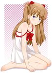  &gt;:( angry arms_at_sides bangs bare_legs bare_shoulders barefoot blue_eyes blush bow breasts brown_hair chemise cleavage clenched_hand closed_mouth collarbone evangelion:_2.0_you_can_(not)_advance eyebrows_visible_through_hair feet from_side frown full_body gradient gradient_background ha-ru hair_ornament halftone halftone_background highres lace lingerie long_hair looking_back neon_genesis_evangelion outside_border purple_background rebuild_of_evangelion red_bow shadow shikinami_asuka_langley sitting small_breasts solo souryuu_asuka_langley strap_slip toes two_side_up underwear underwear_only v-shaped_eyebrows wariza 