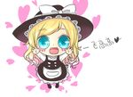  :d bad_id bad_pixiv_id blonde_hair blue_eyes blush_stickers chibi fang hat heart kirisame_marisa long_hair mame_(yangqi787) open_mouth smile solo touhou translation_request witch_hat 