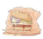  :3 animal_ears blush_stickers cat_ears closed_eyes food hamburger in_food inishie kantai_collection ketchup lettuce lying minigirl on_stomach purple_hair short_hair solo tama_(kantai_collection) white_background wrapper 