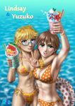  abs bikini blonde_hair blue-framed_eyewear blue_eyes breasts brown_hair character_name cleavage earrings eyebrows glasses green_eyes jewelry lips mawatori_yuzuko missa_missa multiple_girls navel polka_dot polka_dot_bikini polka_dot_swimsuit ringi_cordeiro semi-rimless_eyewear shaved_ice short_hair side-tie_bikini small_breasts smile swimsuit teppuu thick_eyebrows under-rim_eyewear underboob v wading water wristband 