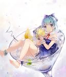  adapted_costume ankle_cuffs bad_id bad_pixiv_id bare_shoulders barefoot blue_dress blue_eyes blue_hair cirno cocktail cocktail_glass cup dress drinking_glass food fruit highres ice ice_cube ice_wings in_container lemon lemon_slice looking_at_viewer minigirl nosaki sitting solo strapless strapless_dress touhou wings wrist_cuffs 