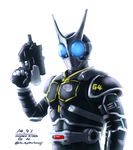  character_name dated glowing gun handgun kamen_rider kamen_rider_agito_(series) kamen_rider_g4 male_focus pistol solo taikyokuturugi twitter_username weapon white_background 