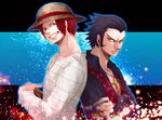  2boys back-to-back black_hair dracule_mihawk hat multiple_boys one_piece red_hair shanks shirt smile straw_hat striped striped_shirt yellow_eyes younger 