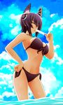  bikini black_bikini black_hair breasts cloud contrapposto day food front-tie_top hand_on_hip headgear highres kantai_collection large_breasts navel popsicle red_eyes short_hair side-tie_bikini solo standing strap_gap swimsuit tenryuu_(kantai_collection) tsukumo wading water wet 