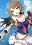  1girl a.a_(aa772) armpits bad_id bad_pixiv_id black_gloves blue_eyes breasts brown_hair cloud collarbone crop_top day gloves hair_ornament headgear highres kantai_collection looking_at_viewer machinery maya_(kancolle) midriff ocean open_mouth outdoors pleated_skirt reaching reaching_towards_viewer school_uniform serafuku short_hair skirt sky sleeveless solo sparkle teeth turret untied upper_teeth_only water water_drop white_skirt x_hair_ornament 