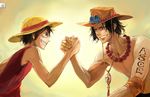  2boys arm_wrestle brothers hat jewelry male male_focus monkey_d_luffy multiple_boys necklace one_piece portgas_d_ace siblings smile smiley stampede_string straw_hat tattoo topless vest 
