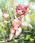  :d animal_ears bamboo bamboo_forest bunny bunny_ears forest hands_up leaf looking_at_viewer majoca_majoluna md5_mismatch nature navel official_art open_mouth pink_eyes pink_hair short_hair shutsuri smile sparkle 