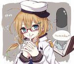  admiral_(kantai_collection) admiral_(kantai_collection)_(cosplay) berukko blonde_hair blush book cosplay finger_to_mouth german glasses hair_ornament hairclip hat i-8_(kantai_collection) interlocked_fingers kantai_collection long_sleeves looking_at_viewer low_twintails military military_uniform nail_art naval_uniform peaked_cap red-framed_eyewear semi-rimless_eyewear smile swimsuit swimsuit_under_clothes torpedo translated twintails uniform 