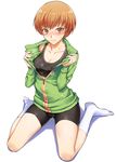  another_story bike_shorts blush bra breasts brown_eyes brown_hair cameltoe cleavage collarbone green_jacket highres jacket long_legs looking_at_viewer medium_breasts open_clothes open_jacket persona persona_4 persona_4_the_golden satonaka_chie short_hair simple_background sitting socks solo sports_bra sweat track_jacket underwear wariza white_background white_legwear 
